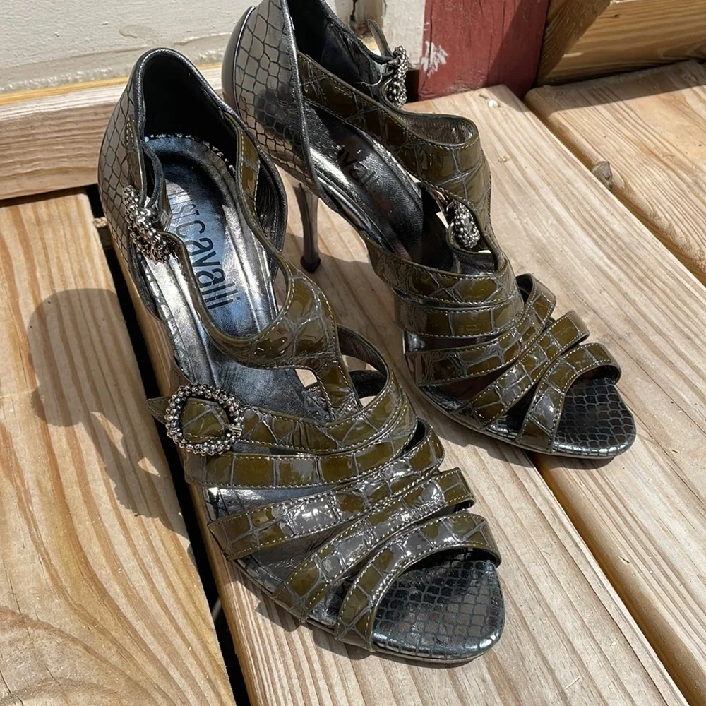 Just Cavalli Olive Green Embossed Leather Strappy Stiletto Sandals EU 37 US 6.5
